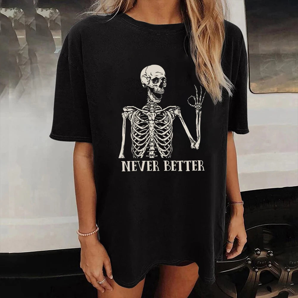 Vintage Skulls Print Short Sleeve Loose T Shirt