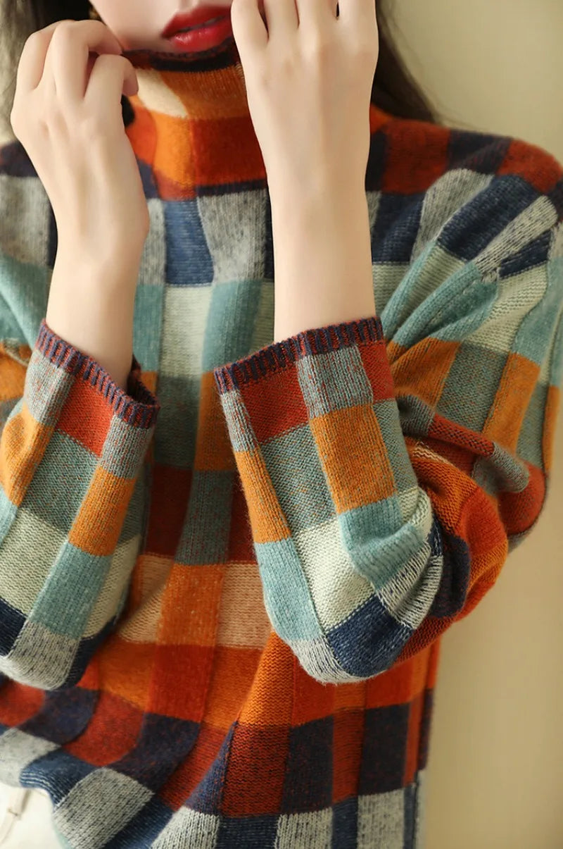 Checkered Knit High Neck Lazy Style Slim Outerwear