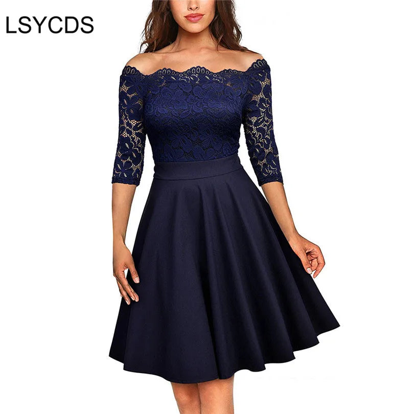 Off Shoulder Lace Retro Party Dress