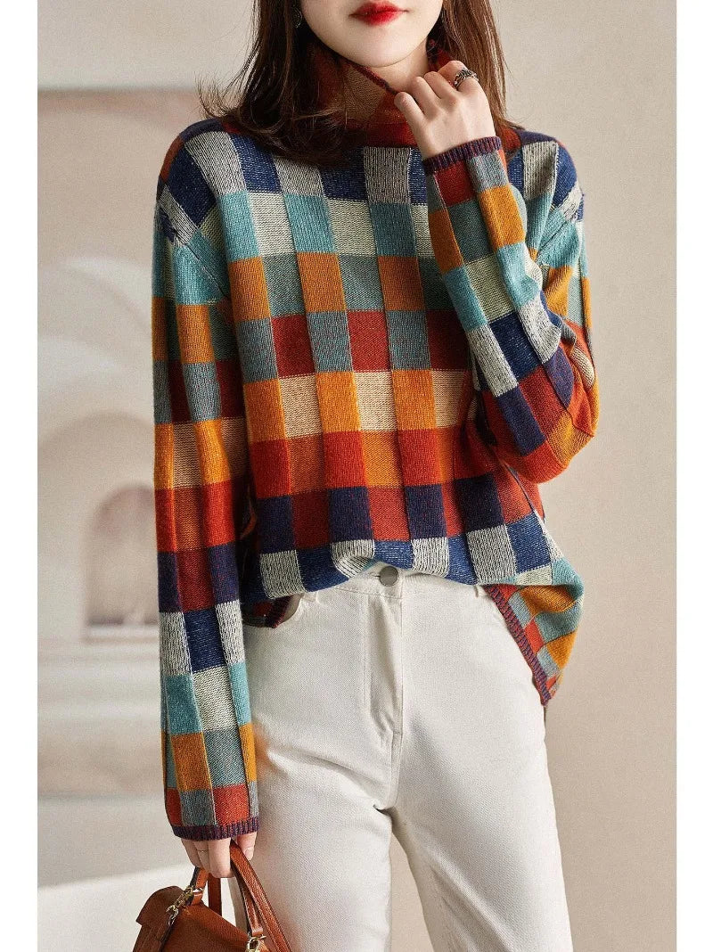 Checkered Knit High Neck Lazy Style Slim Outerwear