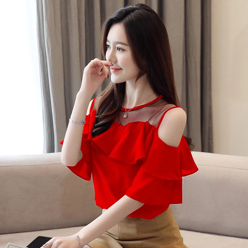 Off Shoulder Strap Short Sleeve Chiffon Top