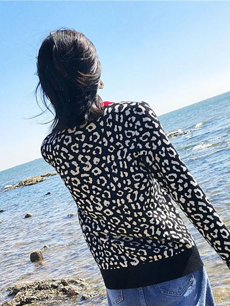Leopard Knitted Pullovers Long Sleeve Crewneck Jumpers