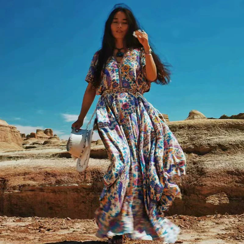 Floral Bat Sleeve Bohemian Maxi Dress