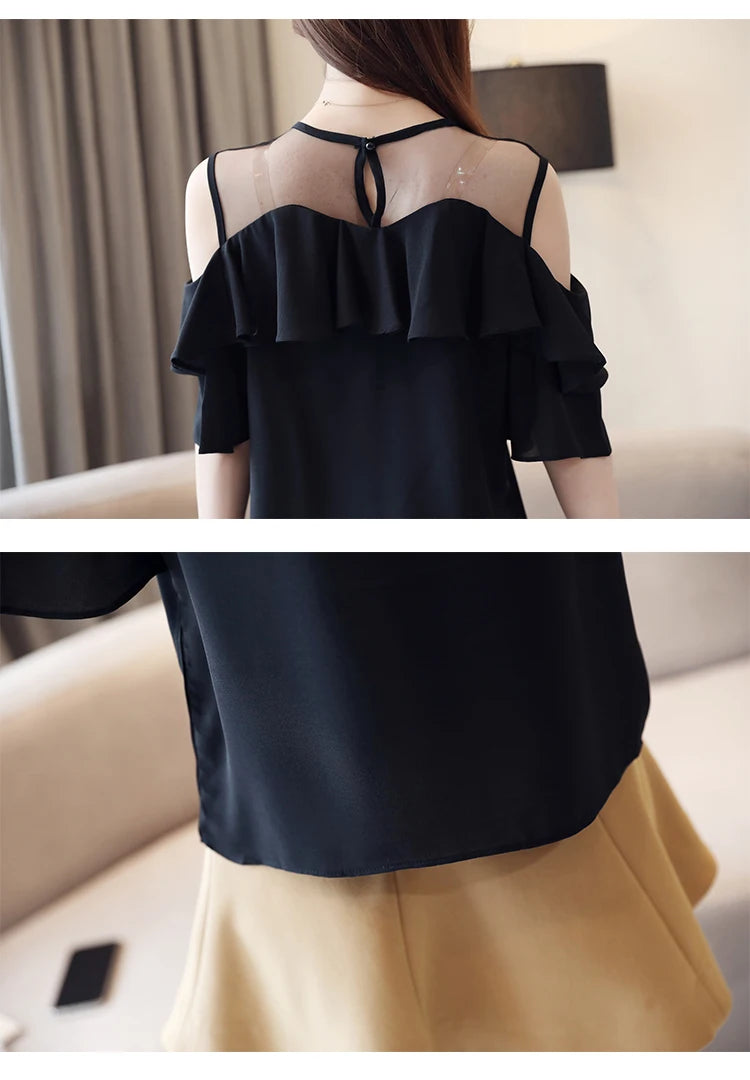 Off Shoulder Strap Short Sleeve Chiffon Top
